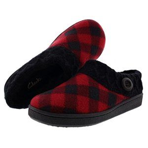 CLARKS WOMEN'S ANGELINA KNITTED COLLAR FLEECE CLOG SLIPPERS PLAID SIZE 10